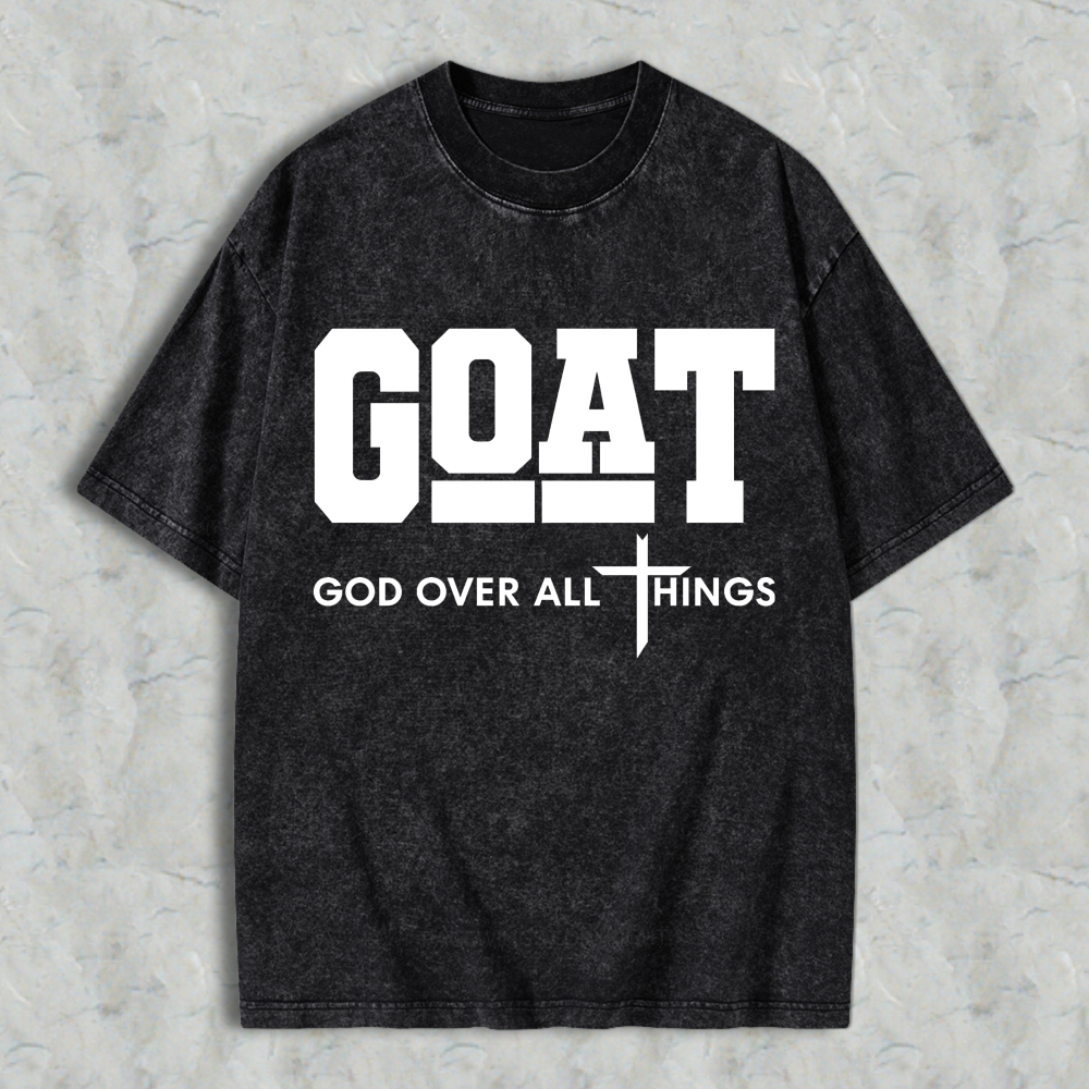 Goat God Over All Things Cross Faith Religious Graphic Washed T-shirt