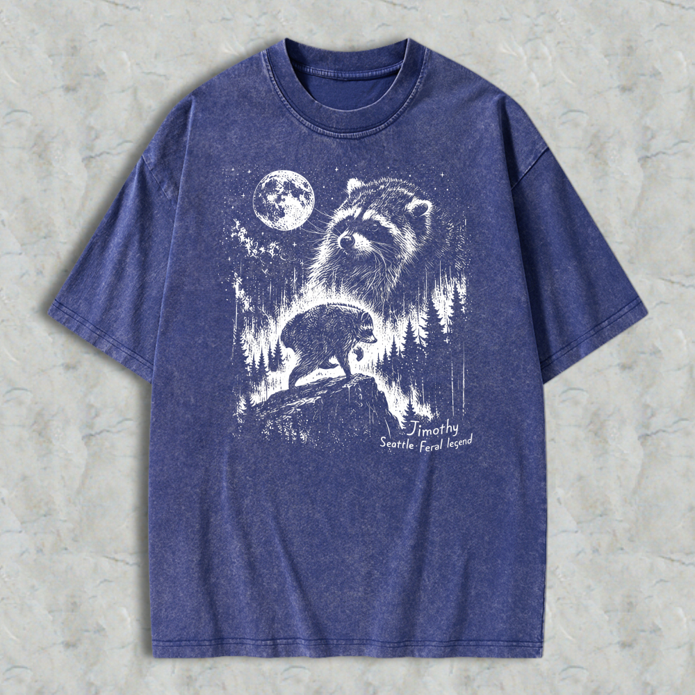 Raccoon Under Moonlight Forest Scene Washed T-shirt