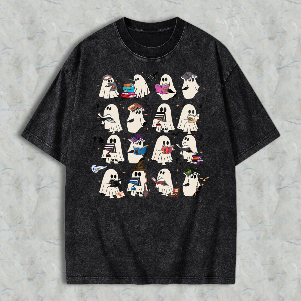 Cute Ghosts Reading Books And Studying Pattern Unisex Washed T-shirt