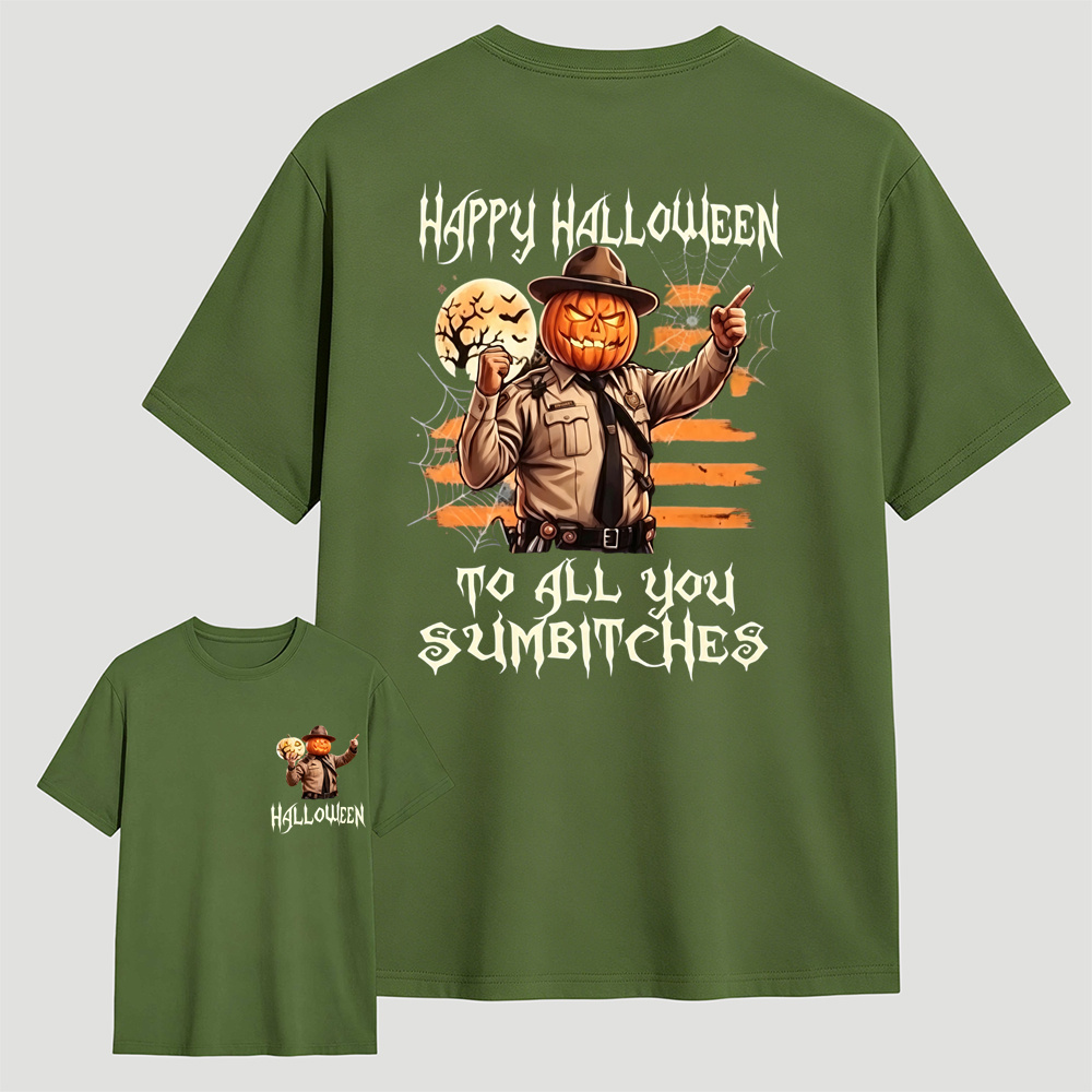 Men Retro Pumpkin Sheriff Happy Halloween Graphic T-Shirt Spooky Moon Bat Spider Web Distressed Flag Print Casual Short Sleeve Cotton Tee