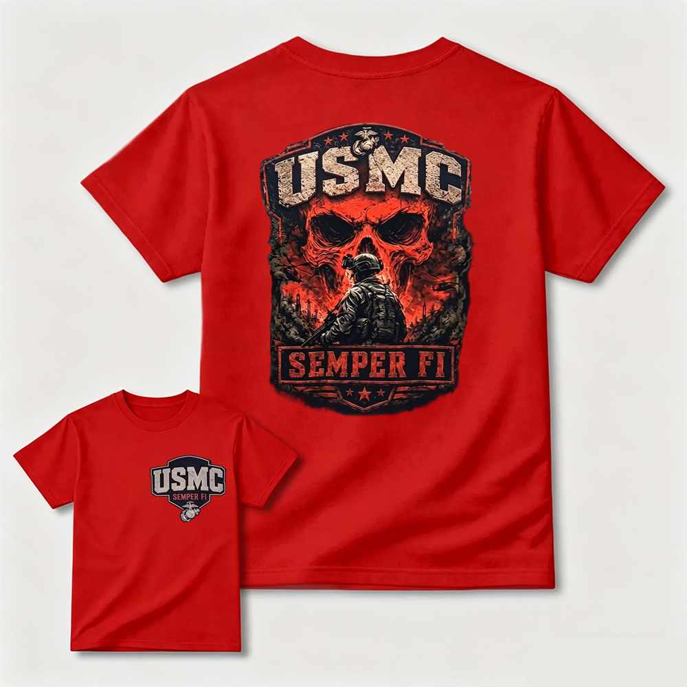 USMC Semper Fi Skull Soldier Dual-Sided Print T-Shirt | Patriotic Marine Veteran Tee