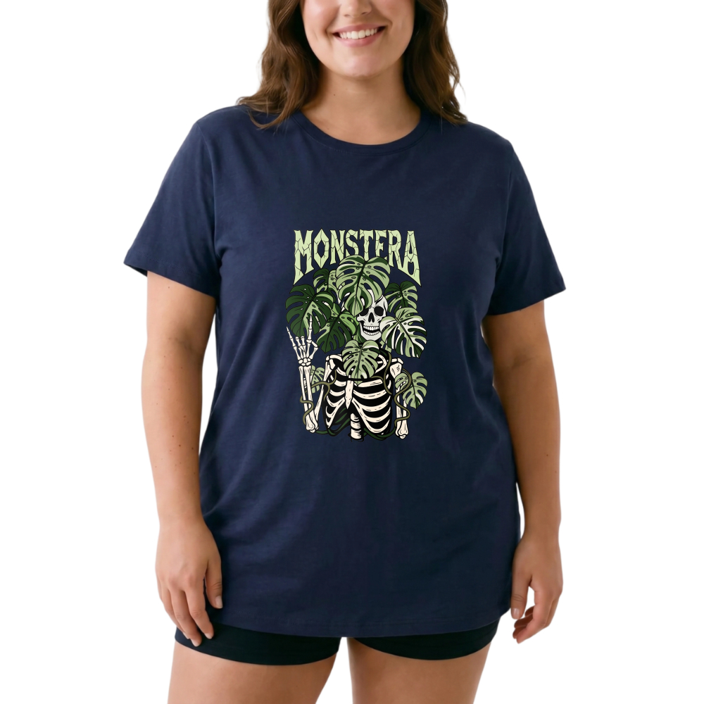 Skeleton Holding Monstera Leaves tshirt 100% cotton