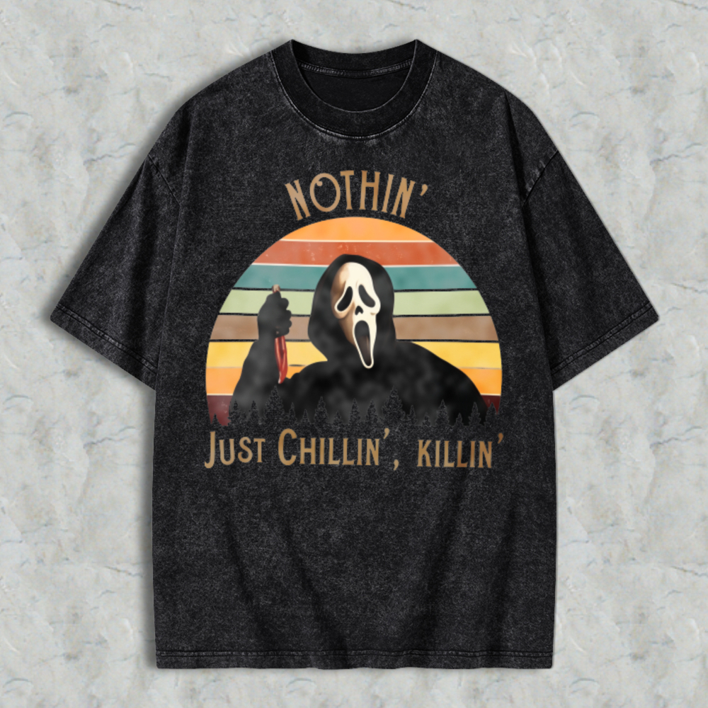 Ghostface Nothin Just Chillin Killin Retro Sunset Washed T-shirt
