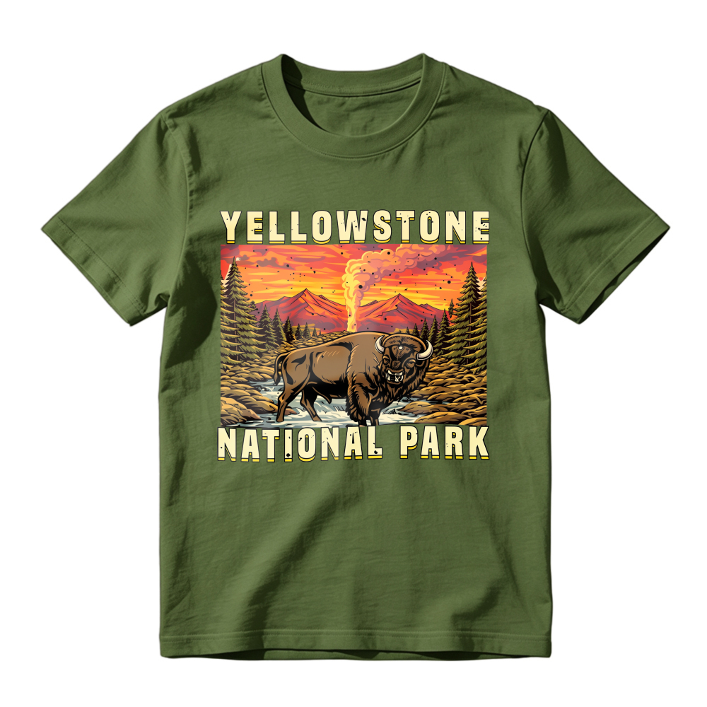 Yellowstone National Park Bison Geyser Sunset Landscape Unisex Classic T-shirt