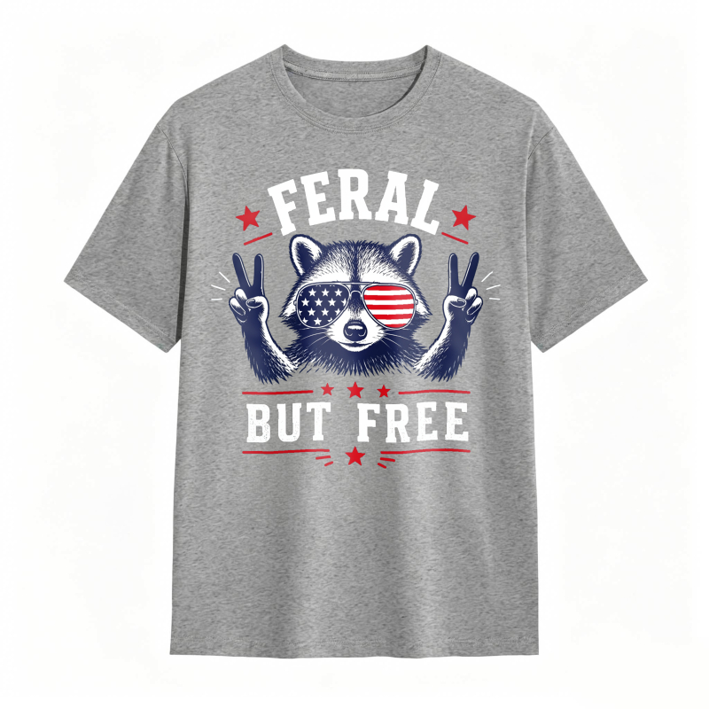 Feral But Free Raccoon American Flag 100% Cotton Graphic T-shirt