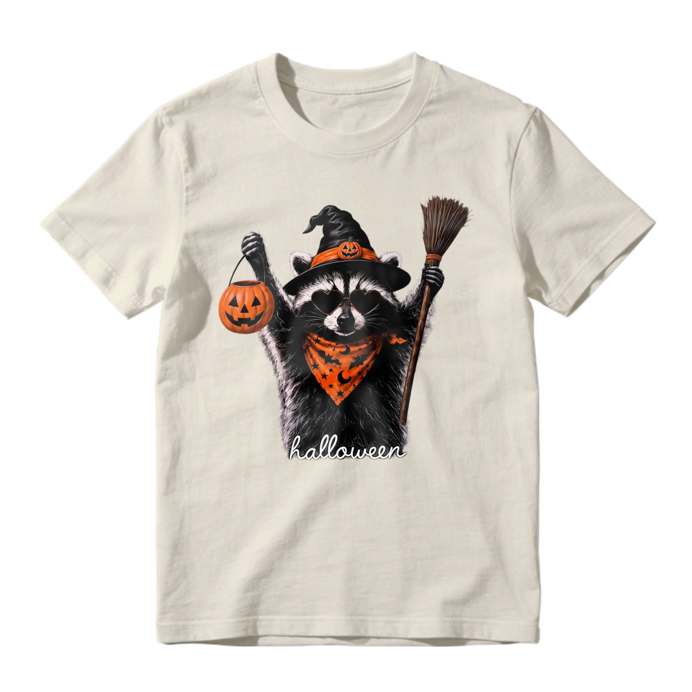 Cute Raccoon In Witch Hat Holding Pumpkin Lantern And Broom Halloween Unisex Classic T-shirt