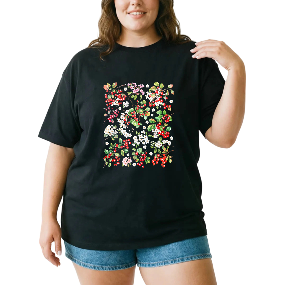 Floral Pattern With Red And White Flowers tshirt 100% cotton