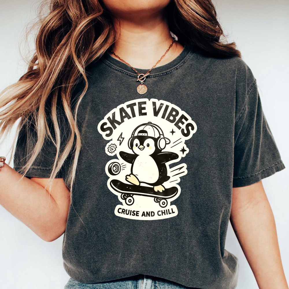 Skate Vibes Penguin On Skateboard Cruise And Chill Graphic Washed T-shirt