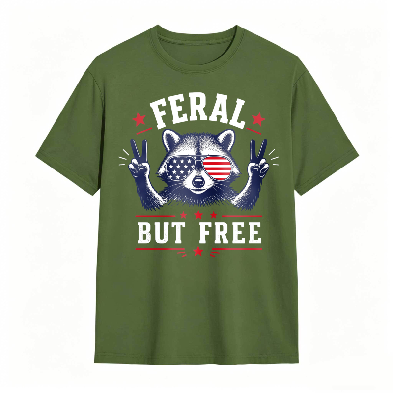 Feral But Free Raccoon American Flag 100% Cotton Graphic T-shirt