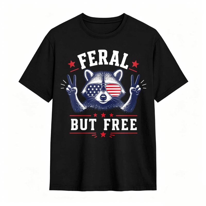 Feral But Free Raccoon American Flag 100% Cotton Graphic T-shirt