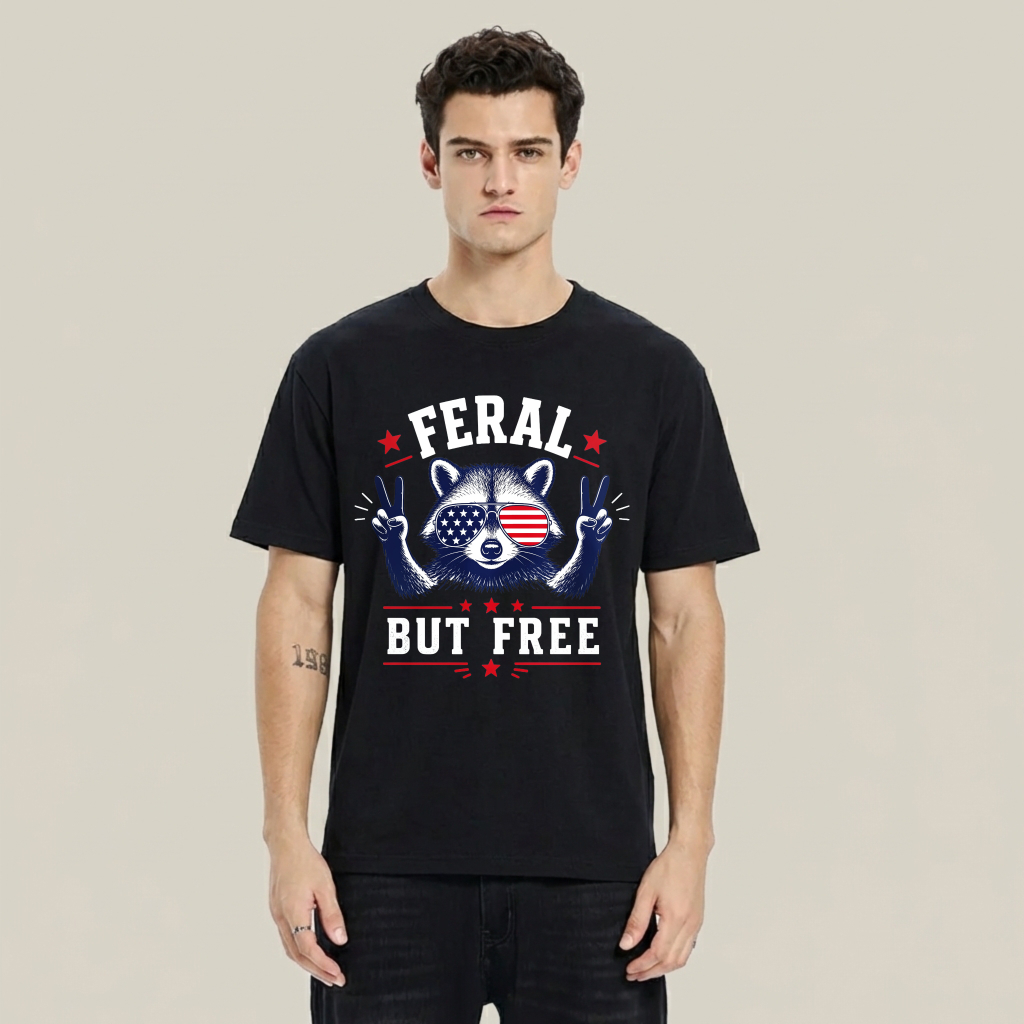 Feral But Free Raccoon American Flag 100% Cotton Graphic T-shirt