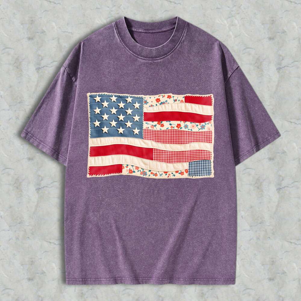 American Flag Patchwork Design Unisex Washed T-shirt