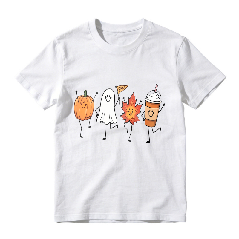 Cute Halloween Pumpkin Ghost Maple Leaf And Coffee Cup Dancing Characters Unisex Classic T-shirt