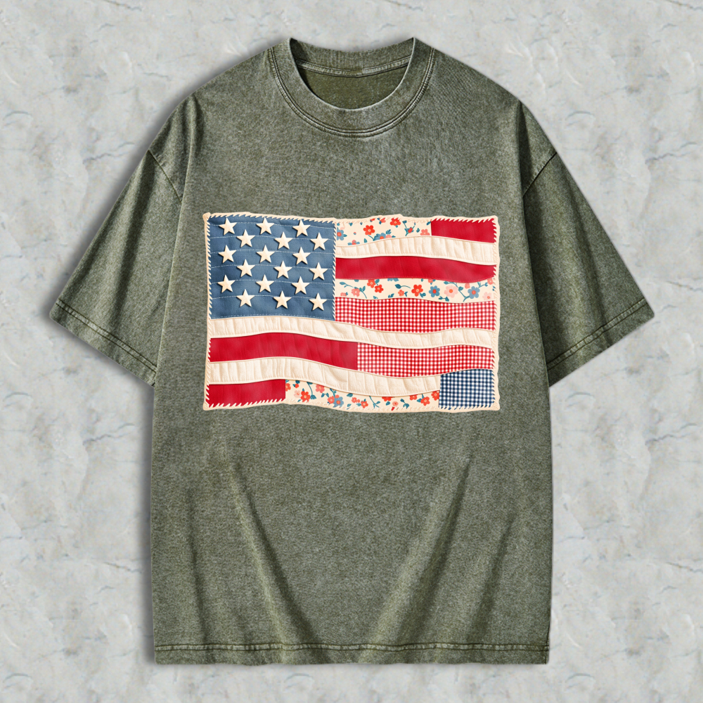 American Flag Patchwork Design Unisex Washed T-shirt
