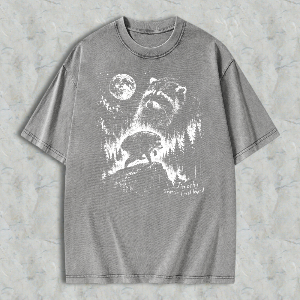 Raccoon Under Moonlight Forest Scene Washed T-shirt