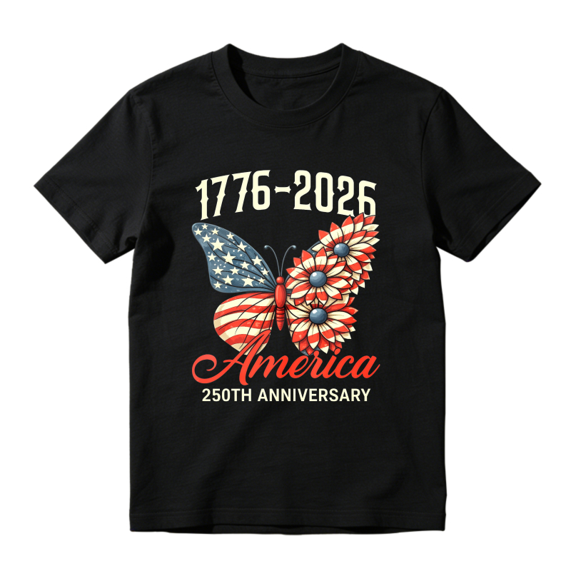 Butterfly With American Flag And Flowers 1776 2026 America 250th Anniversary  Classic T-shirt