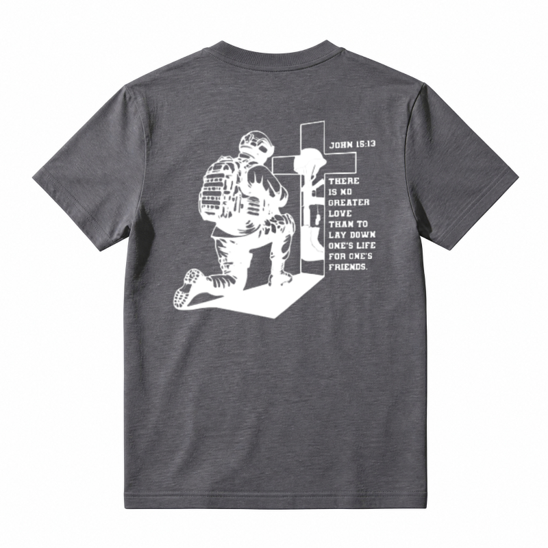 Soldier Kneeling At Cross With Bible Verse John 15:13 Unisex Classic T-shirt