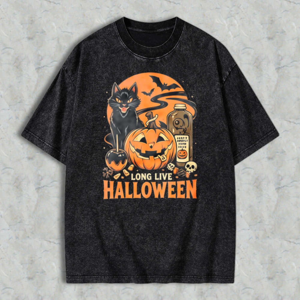 Halloween Black Cat Pumpkin Skull Long Live Halloween Washed T-shirt