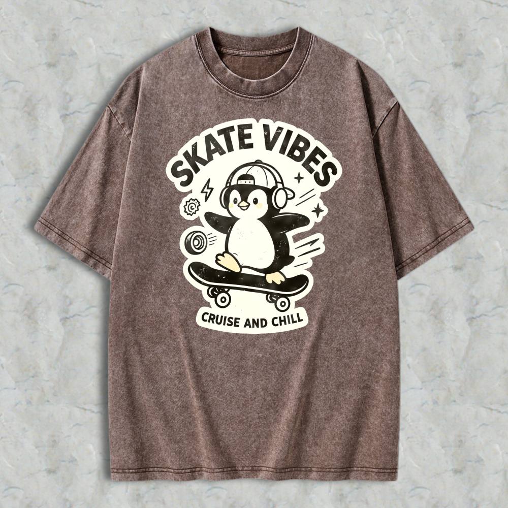 Skate Vibes Penguin On Skateboard Cruise And Chill Graphic Washed T-shirt
