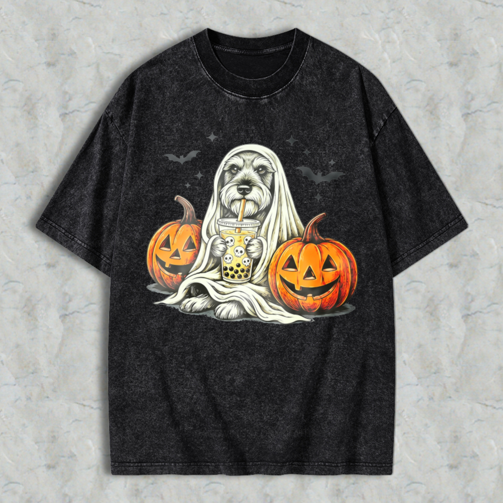 Cute Dog Ghost With Pumpkin And Bubble Tea Halloween Washed T-shirt
