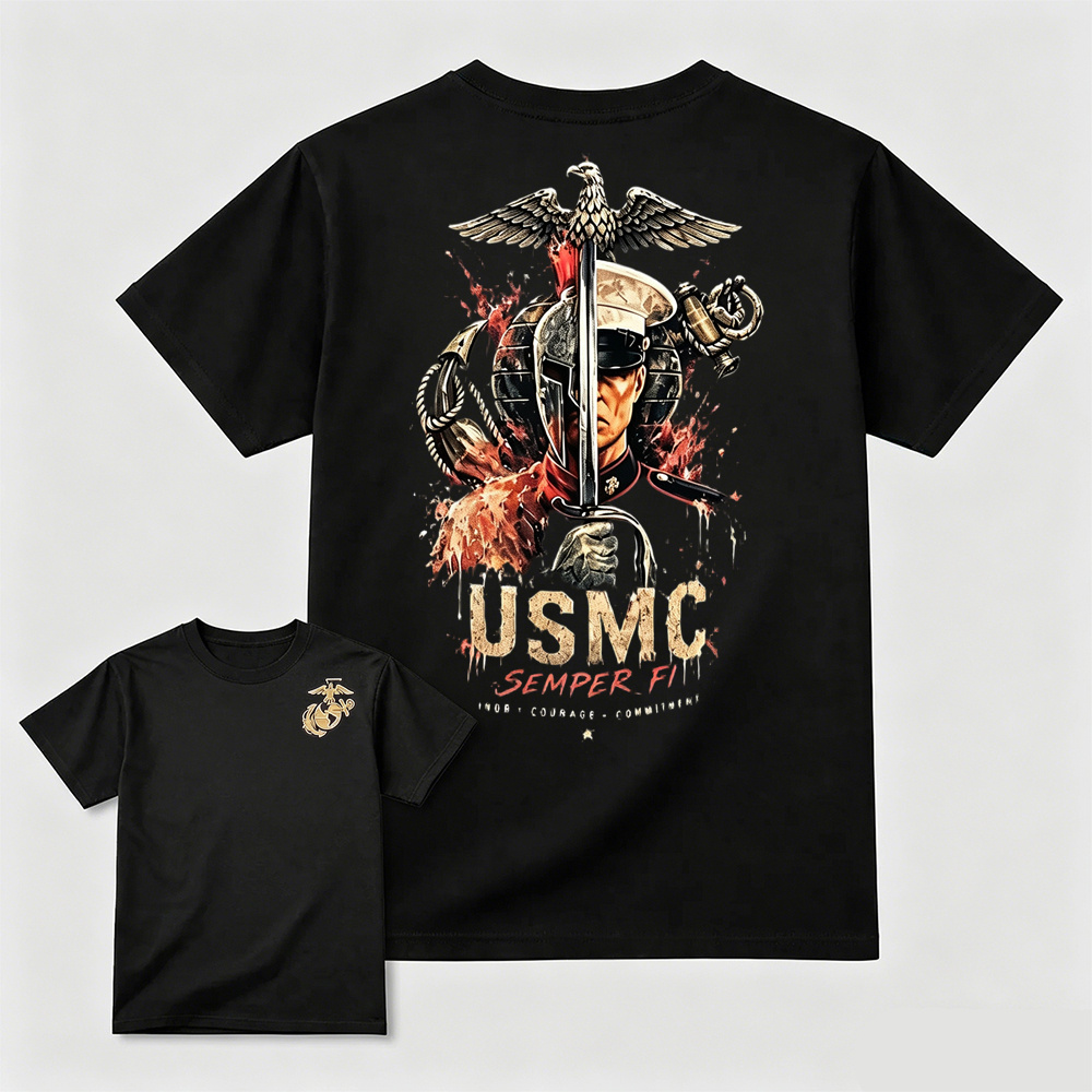 USMC Semper Fi Eagle Sword Dual-Sided Patriotic Graphic Men's T-Shirt