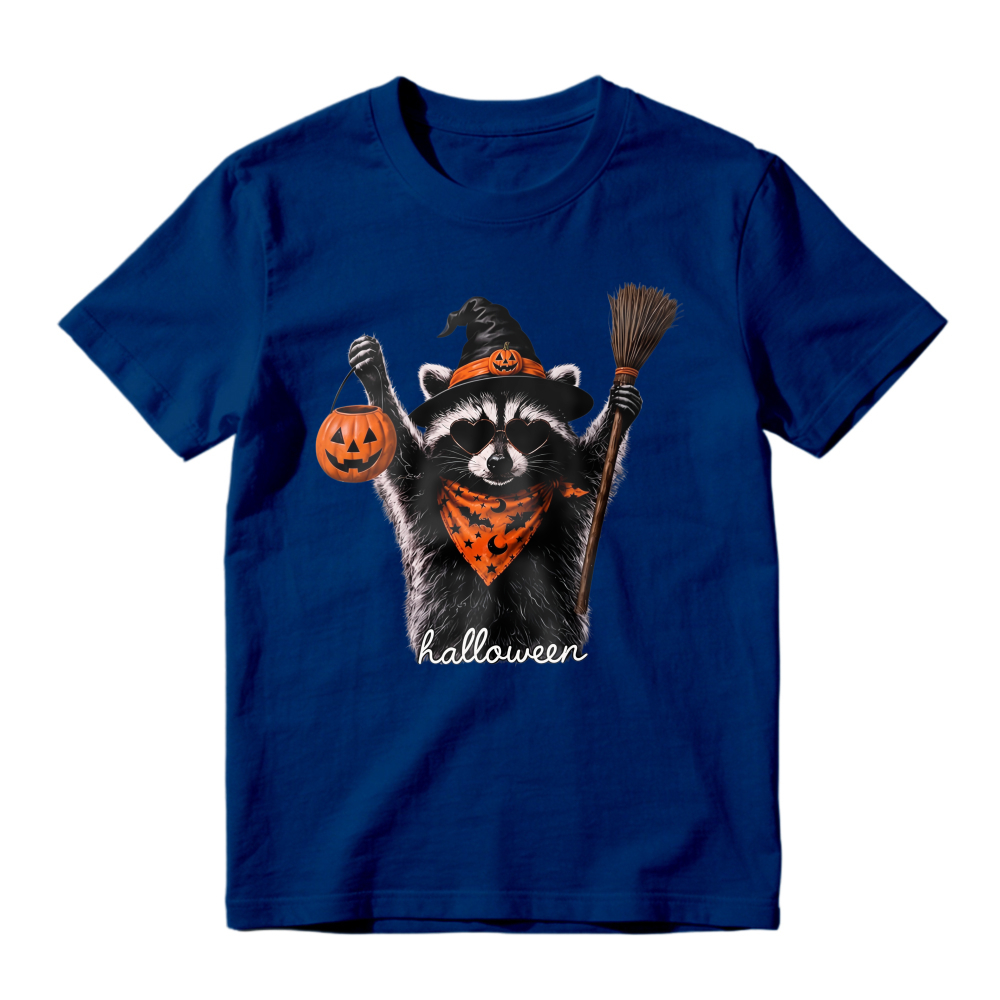 Cute Raccoon In Witch Hat Holding Pumpkin Lantern And Broom Halloween Unisex Classic T-shirt