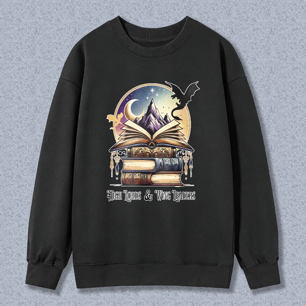 High Books And Wine Lovers Magical Mountain Moon Bat Open Book Stack Graphic Sweatshirt