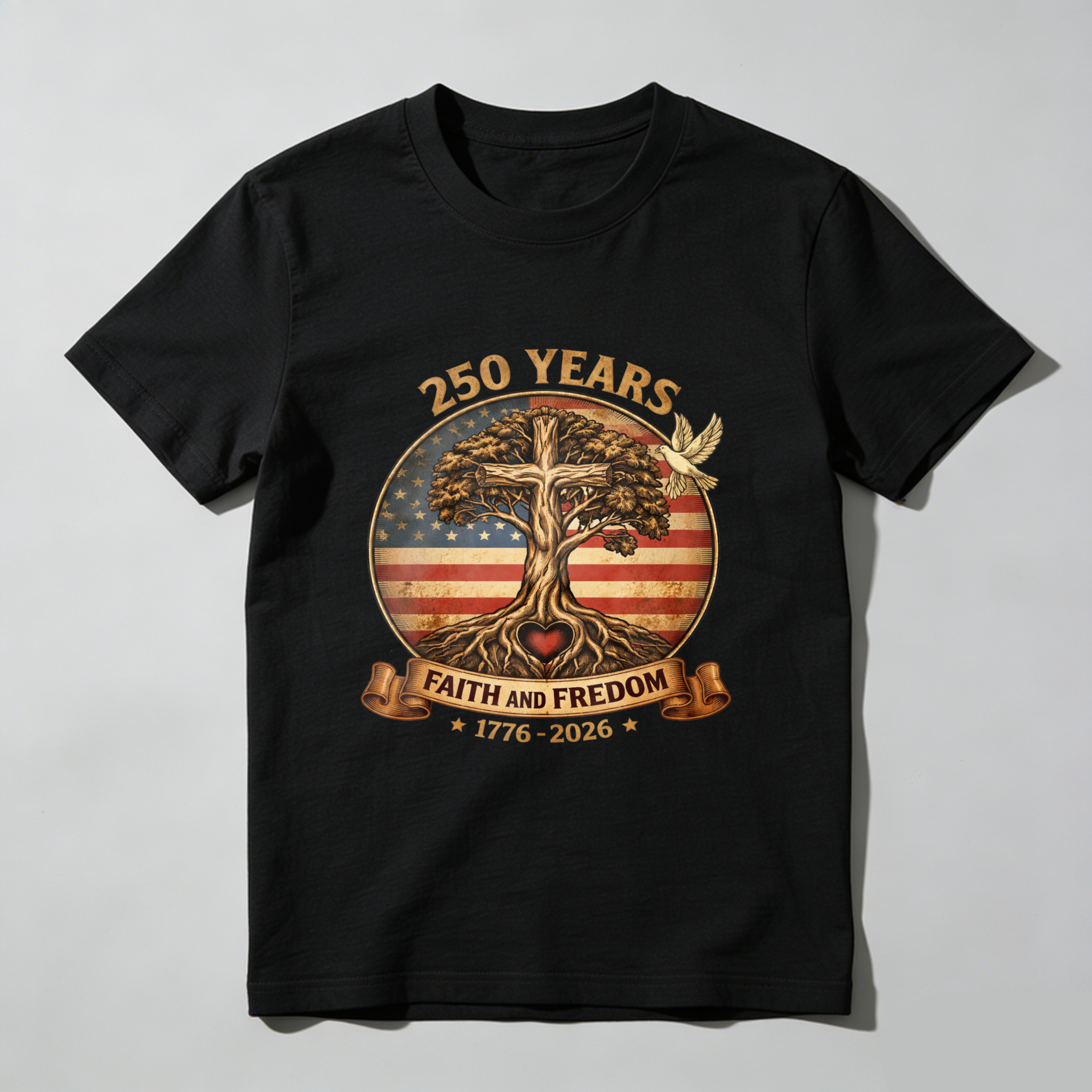 250 Years Faith And Freedom American Flag Tree Eagle 1776 2026 Independence Day T Shirt
