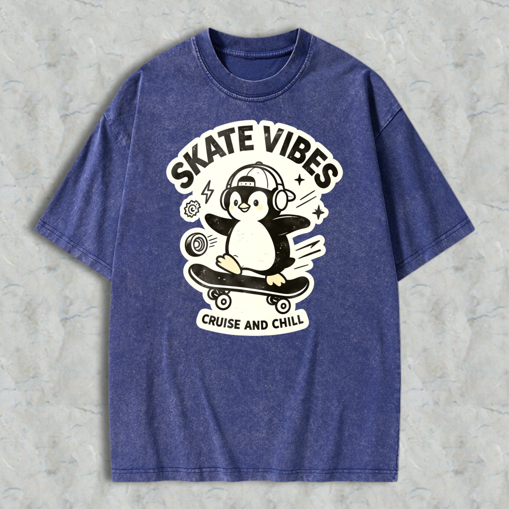 Skate Vibes Penguin On Skateboard Cruise And Chill Graphic Washed T-shirt