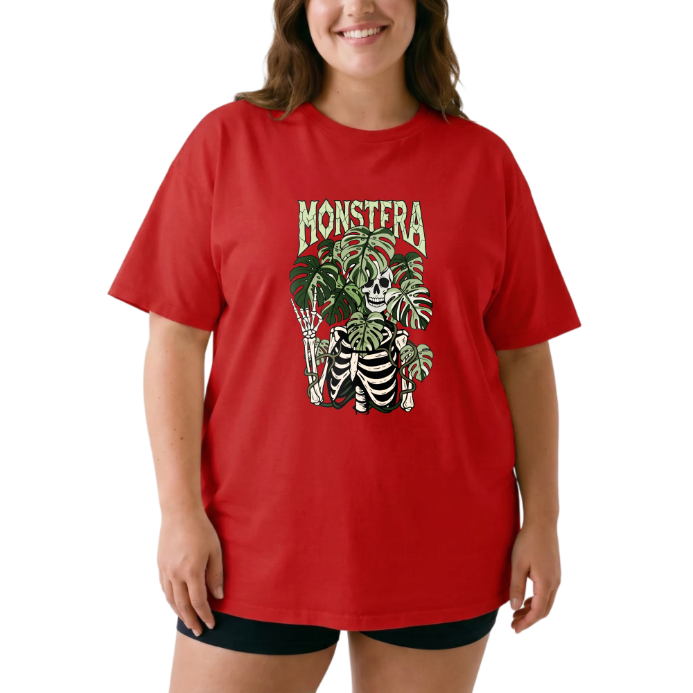 Skeleton Holding Monstera Leaves tshirt 100% cotton