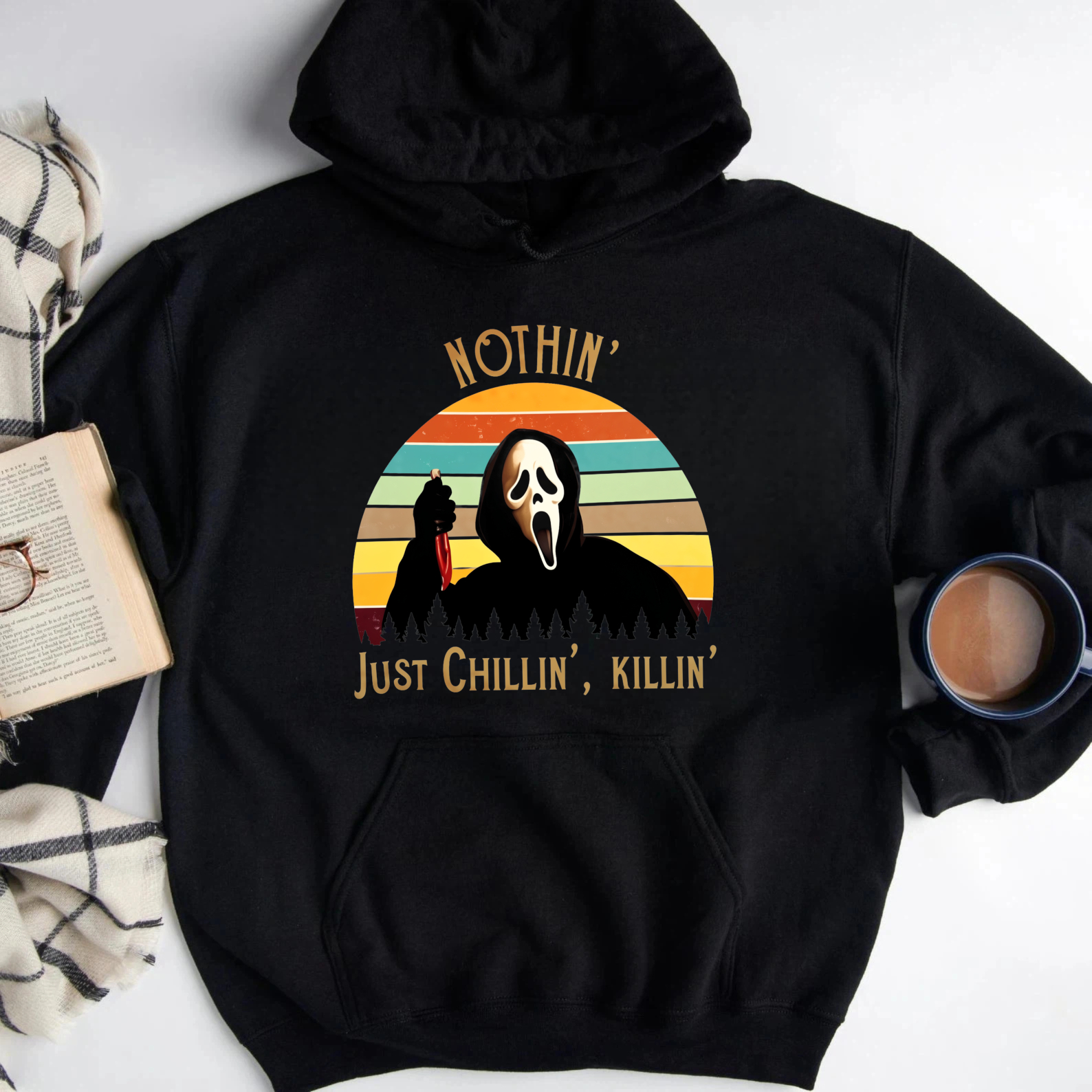 Vintage Retro Sunset Ghost Face Nothin Just Chillin Killin Horror Movie Fan Sweatshirt