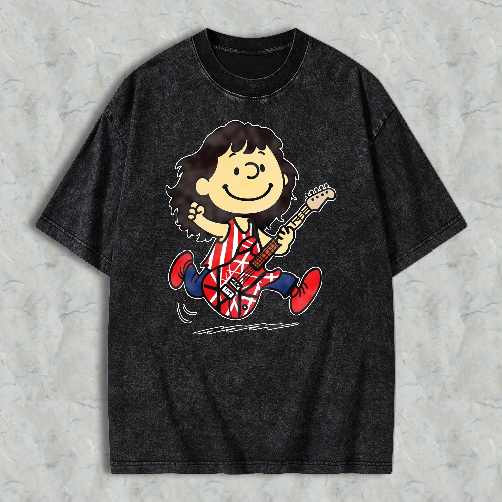 Cartoon Character Playing Red White Blue Electric Guitar Washed T-shirt