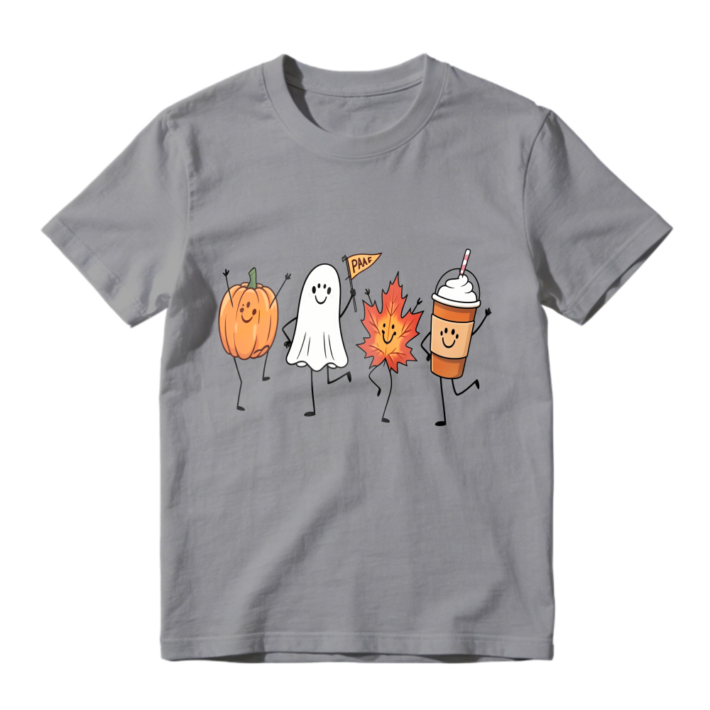 Cute Halloween Pumpkin Ghost Maple Leaf And Coffee Cup Dancing Characters Unisex Classic T-shirt