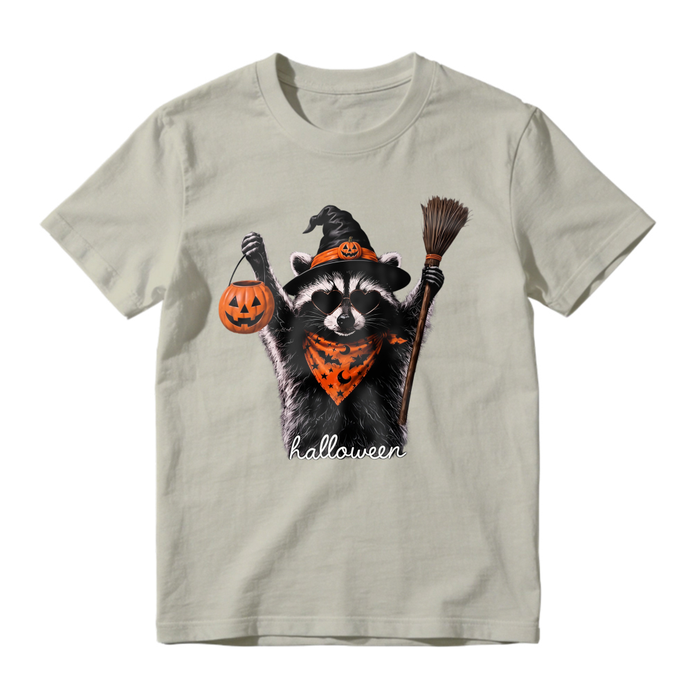 Cute Raccoon In Witch Hat Holding Pumpkin Lantern And Broom Halloween Unisex Classic T-shirt