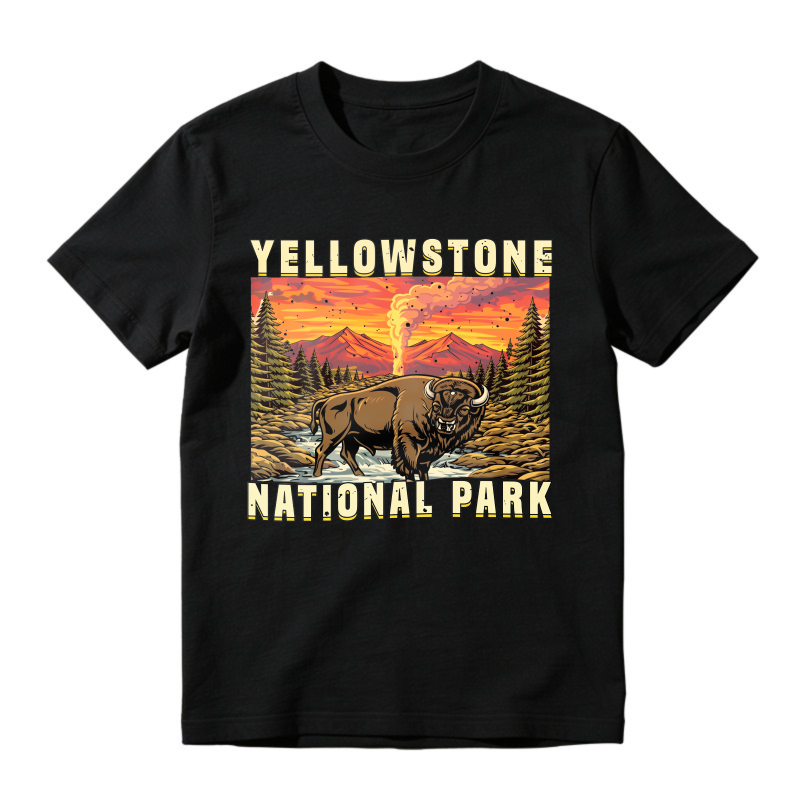 Yellowstone National Park Bison Geyser Sunset Landscape Unisex Classic T-shirt