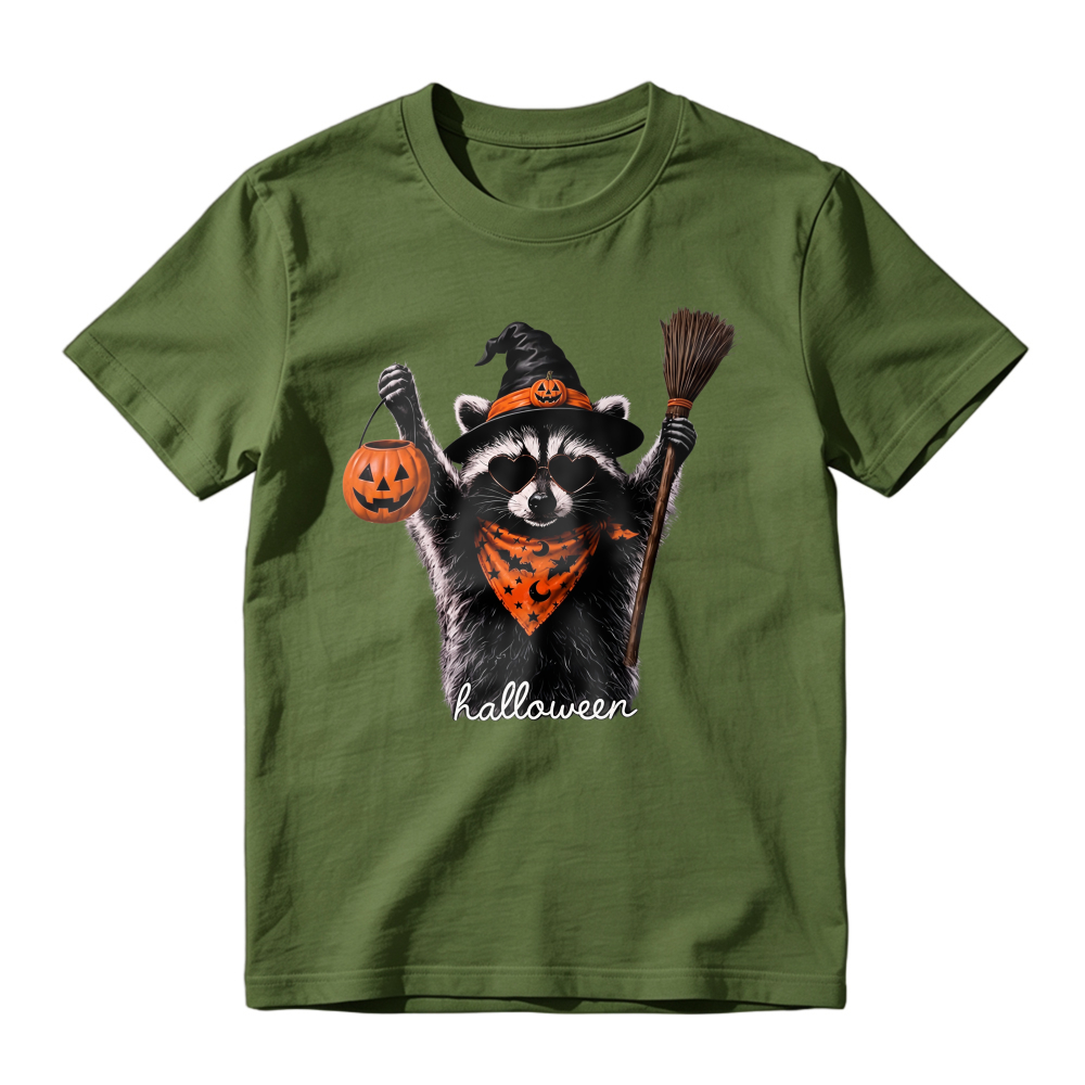 Cute Raccoon In Witch Hat Holding Pumpkin Lantern And Broom Halloween Unisex Classic T-shirt