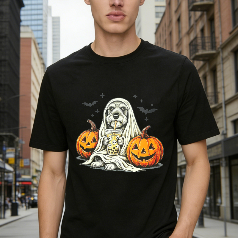 Halloween Dog Ghost With Pumpkins And Bubble Tea Unisex Classic T-shirt