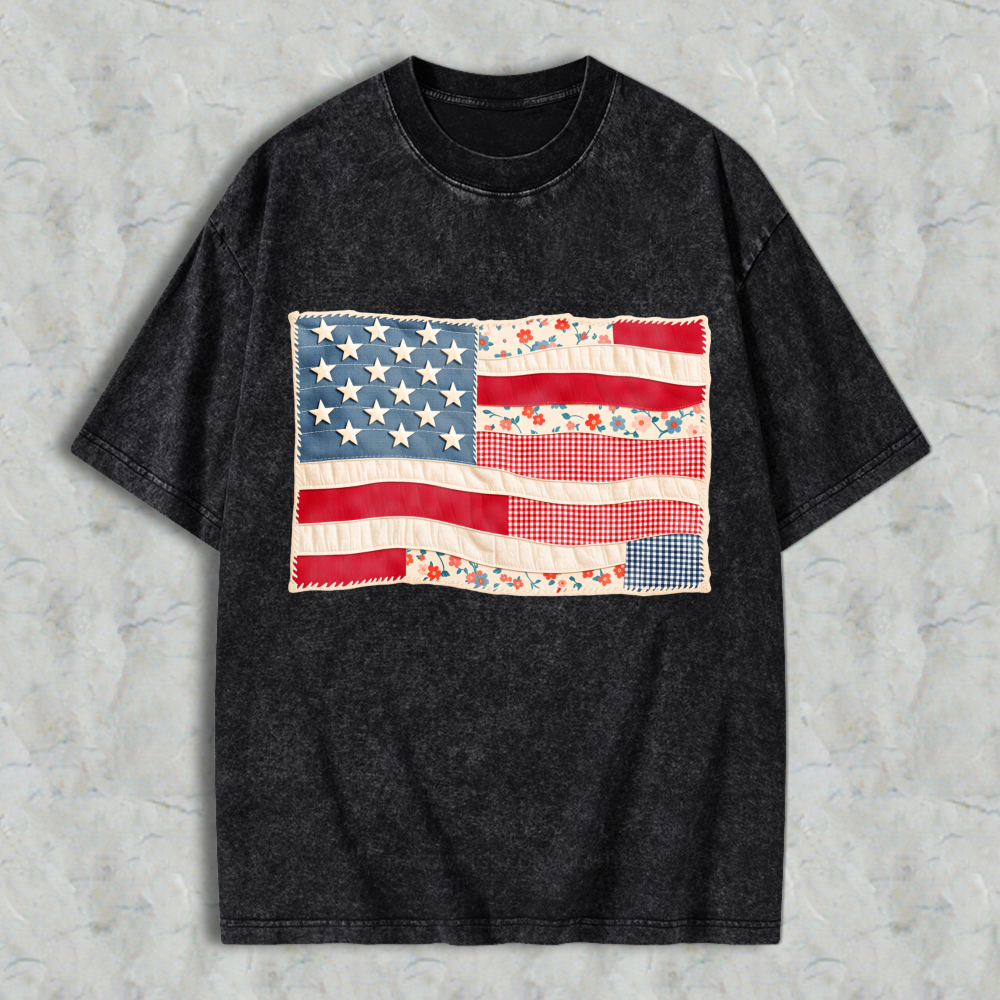 American Flag Patchwork Design Unisex Washed T-shirt
