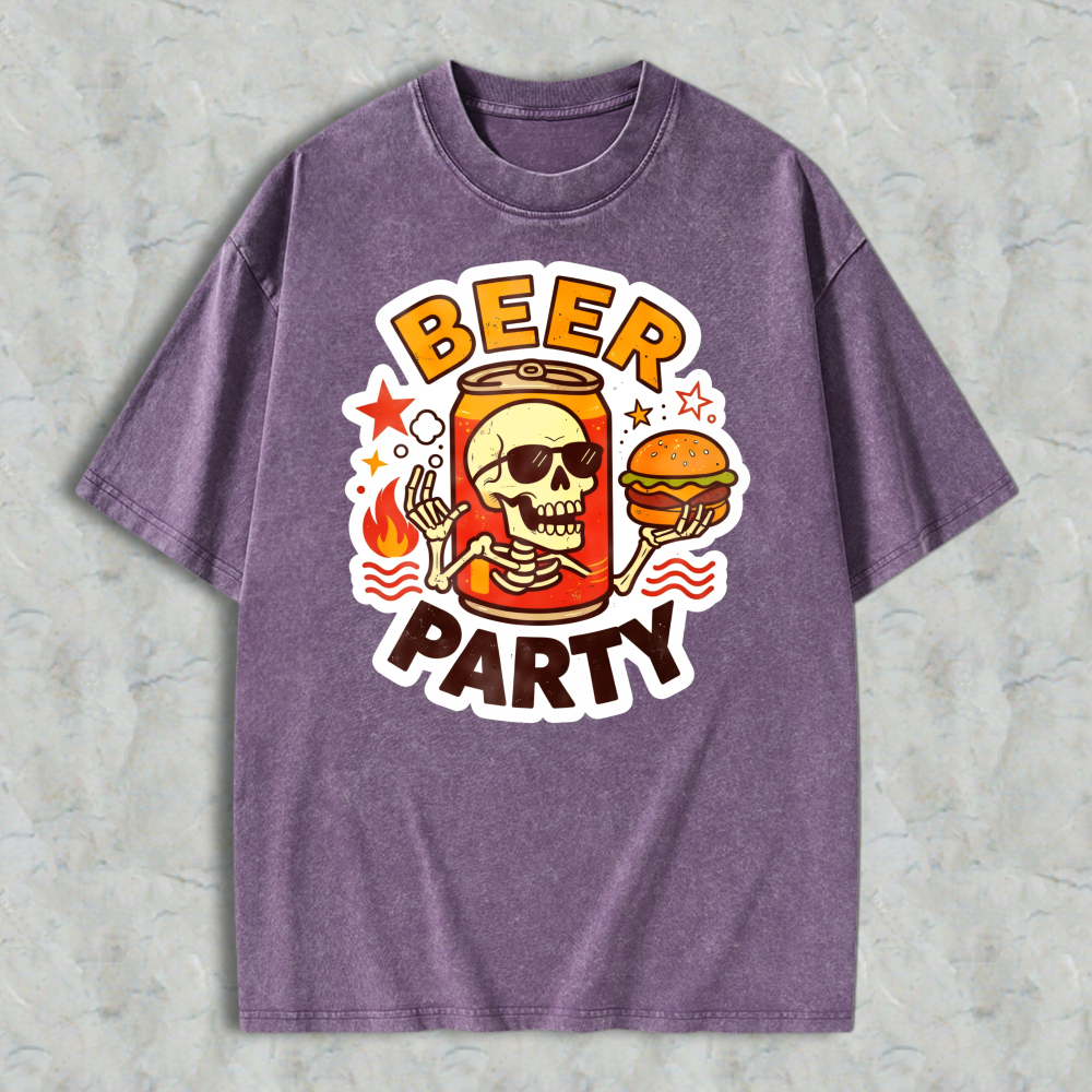 Beer Party Skull And Burger Graphic Washed T-shirt