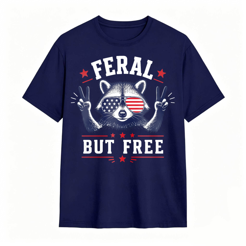 Feral But Free Raccoon American Flag 100% Cotton Graphic T-shirt