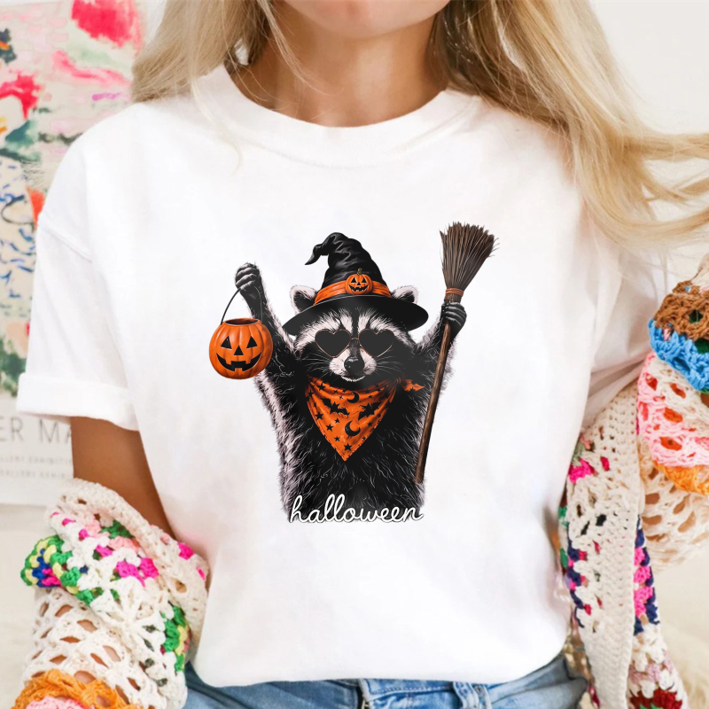 Cute Raccoon In Witch Hat Holding Pumpkin Lantern And Broom Halloween Unisex Classic T-shirt