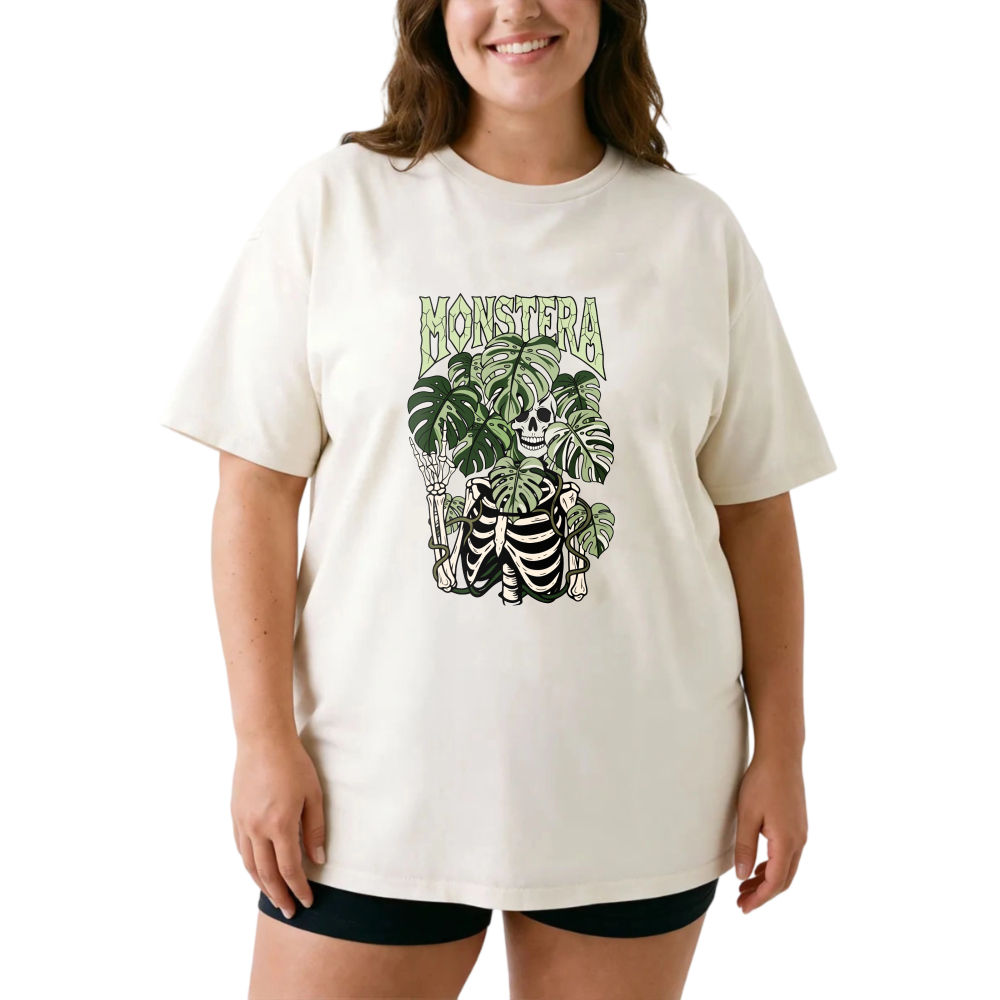 Skeleton Holding Monstera Leaves tshirt 100% cotton