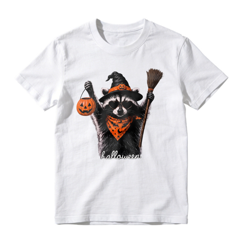 Cute Raccoon In Witch Hat Holding Pumpkin Lantern And Broom Halloween Unisex Classic T-shirt