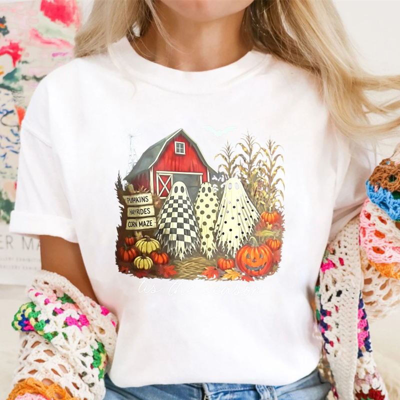 Halloween Farm Scene With Ghosts Pumpkins And Red Barn Tis The Season Unisex Classic T-shirt