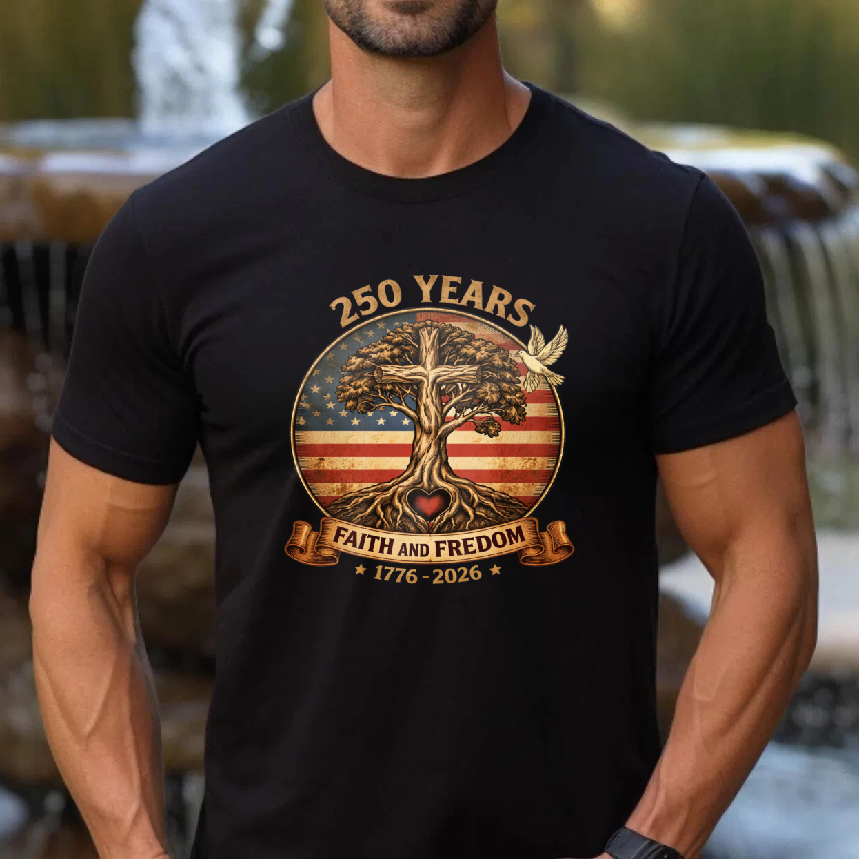 250 Years Faith And Freedom American Flag Tree Eagle 1776 2026 Independence Day T Shirt