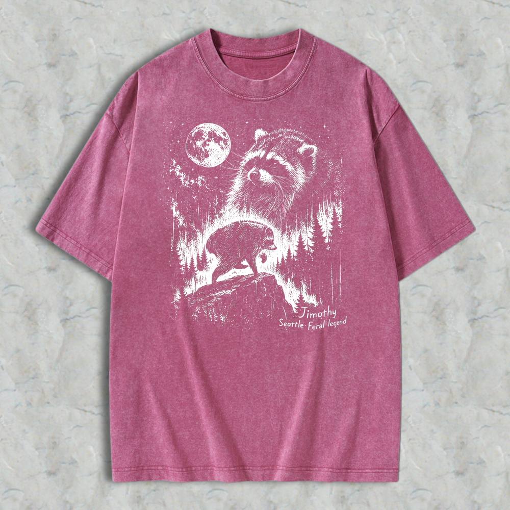 Raccoon Under Moonlight Forest Scene Washed T-shirt