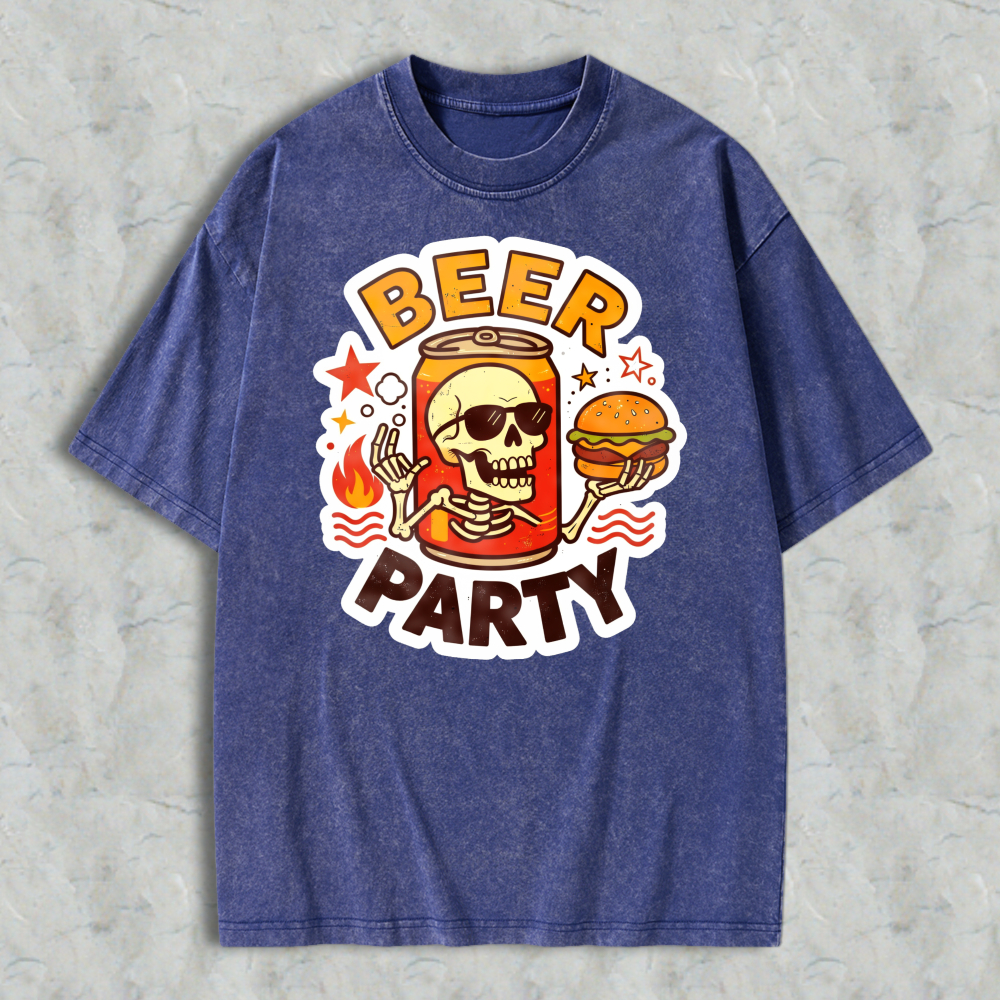 Beer Party Skull And Burger Graphic Washed T-shirt