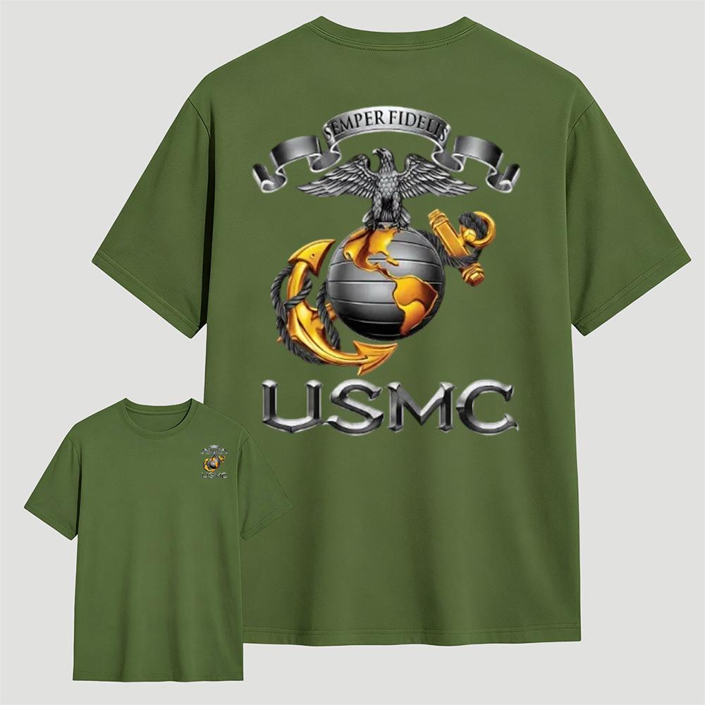 Metallic Eagle Globe Anchor Marine Veteran T-Shirt