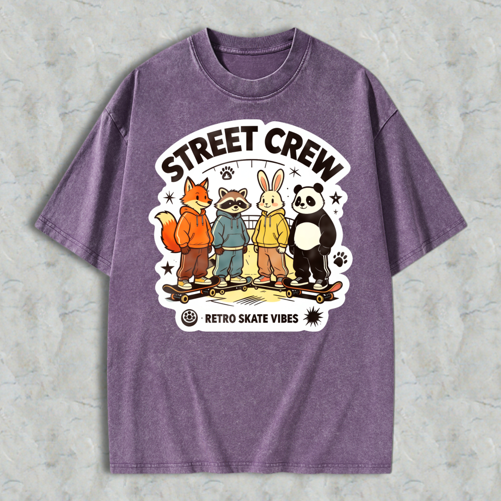 Street Crew Retro Skate Vibes Cartoon Animals Graphic Washed T-shirt