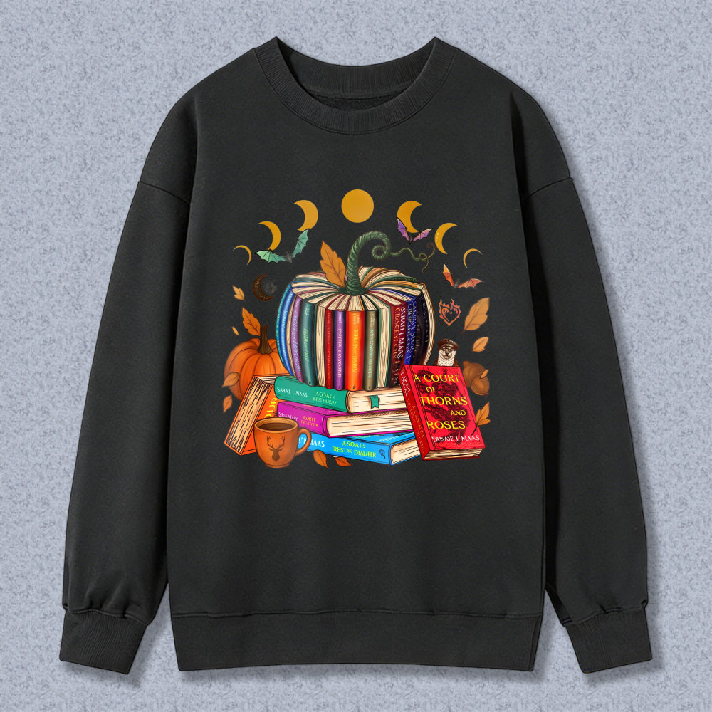 Autumn Book Stack Pumpkin Moon Phases Sweatshirt